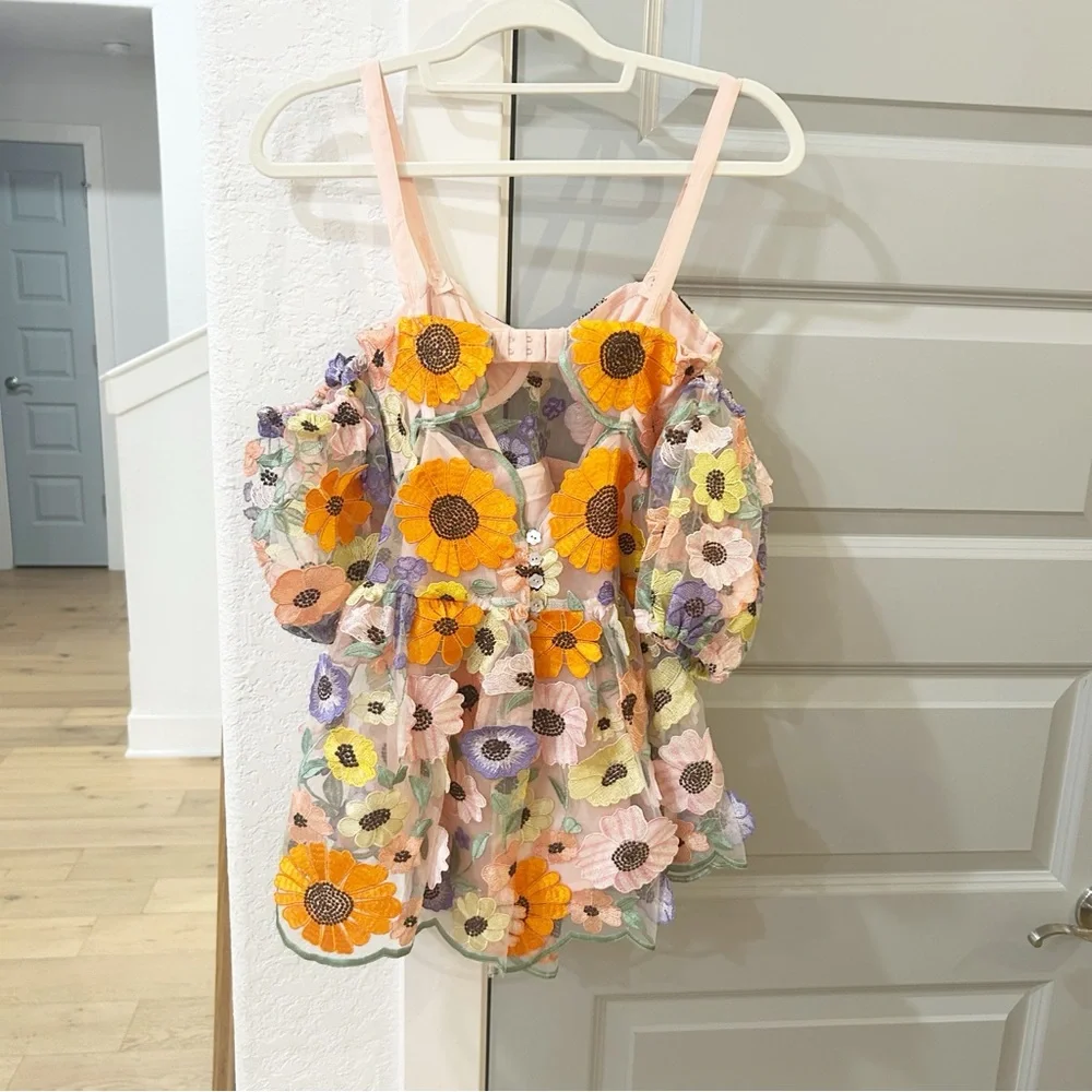 NWT For Love & Lemons Prato Flower Floral Appliqué Mini Dress - Picture 12 of 13